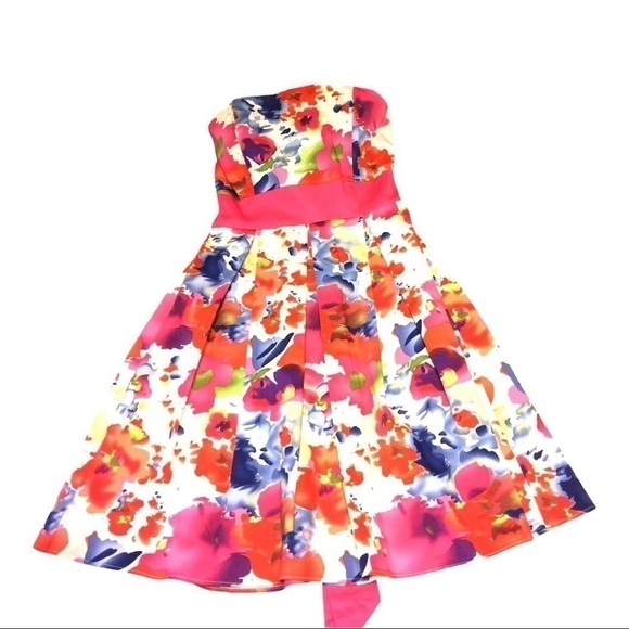 A.P.N.Y. Dresses & Skirts - A.P.N.Y. Strapless bright floral feminine summer dress bright pink sash size 6
